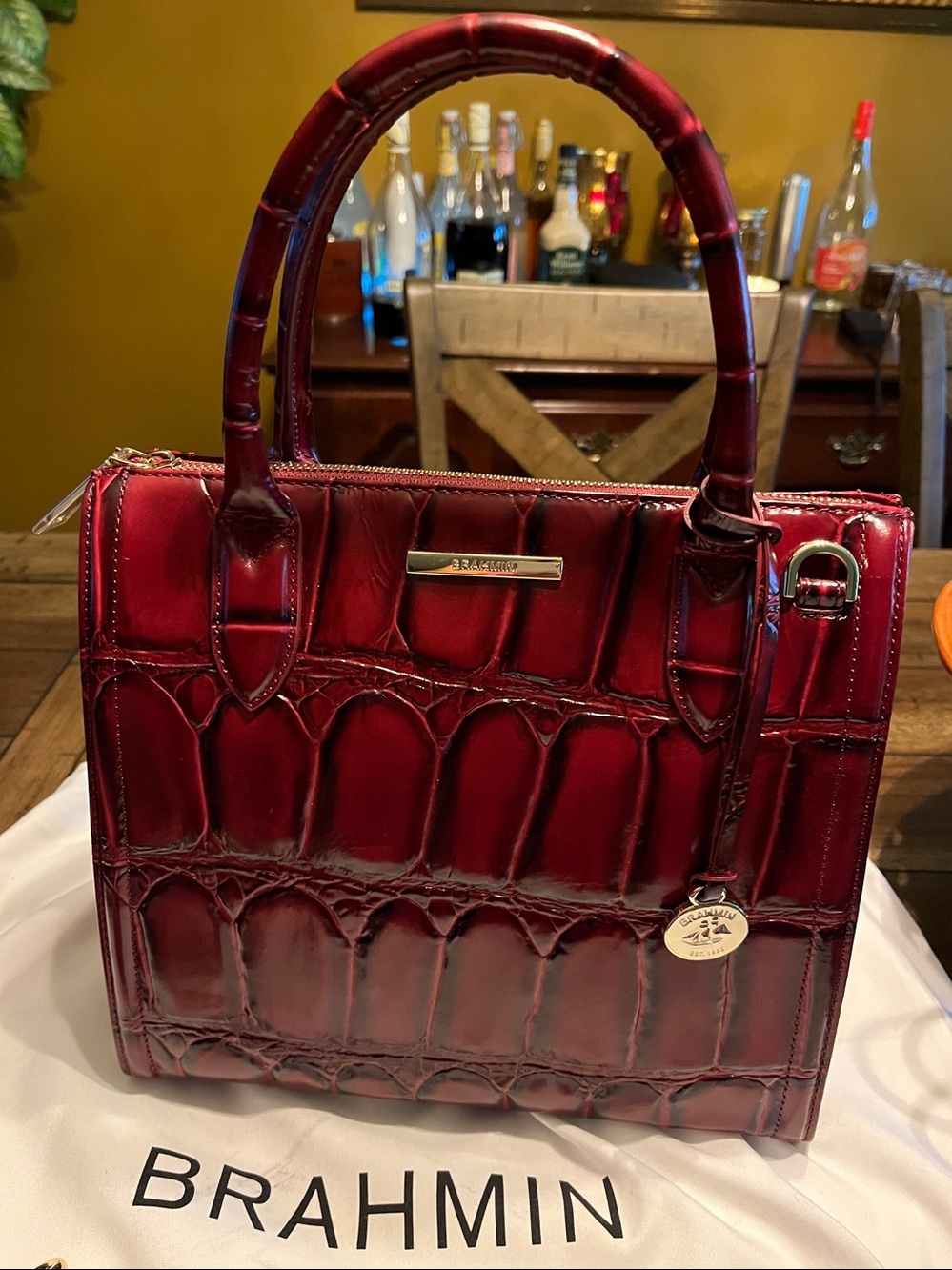 Brahmin Deep Burgundy Croc-Embossed Leather Satchel - Picture 2 of 11